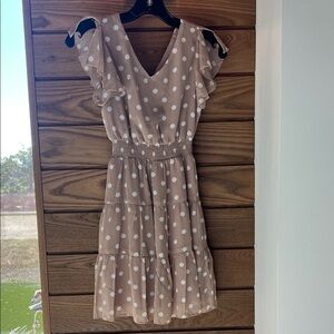 Girls Polka Dot Beige Ruffle Sleeve Dress